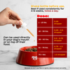 Table of dropper doses by dog weight (0.25-1.0 dropper) and headline 'Shake bottle before use; use twice daily for 4-6 weeks'