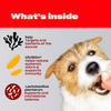 Promotional graphic showing What's inside with kelp, CitriStim, Lactobacillus plantarum and a dog being fed