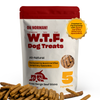 W.T.F. Dog Treats package labelled with 5 ingredients, in front of Free Range Beef Sticks, and with a veterinary specialist certification badge