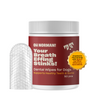 Container of "OH NORMAN! Your Breath Effing Stinks!" dental wipes for dogs, 50 pcs, with a textured wipe shown beside it and a gold seal about veterinary specialists.