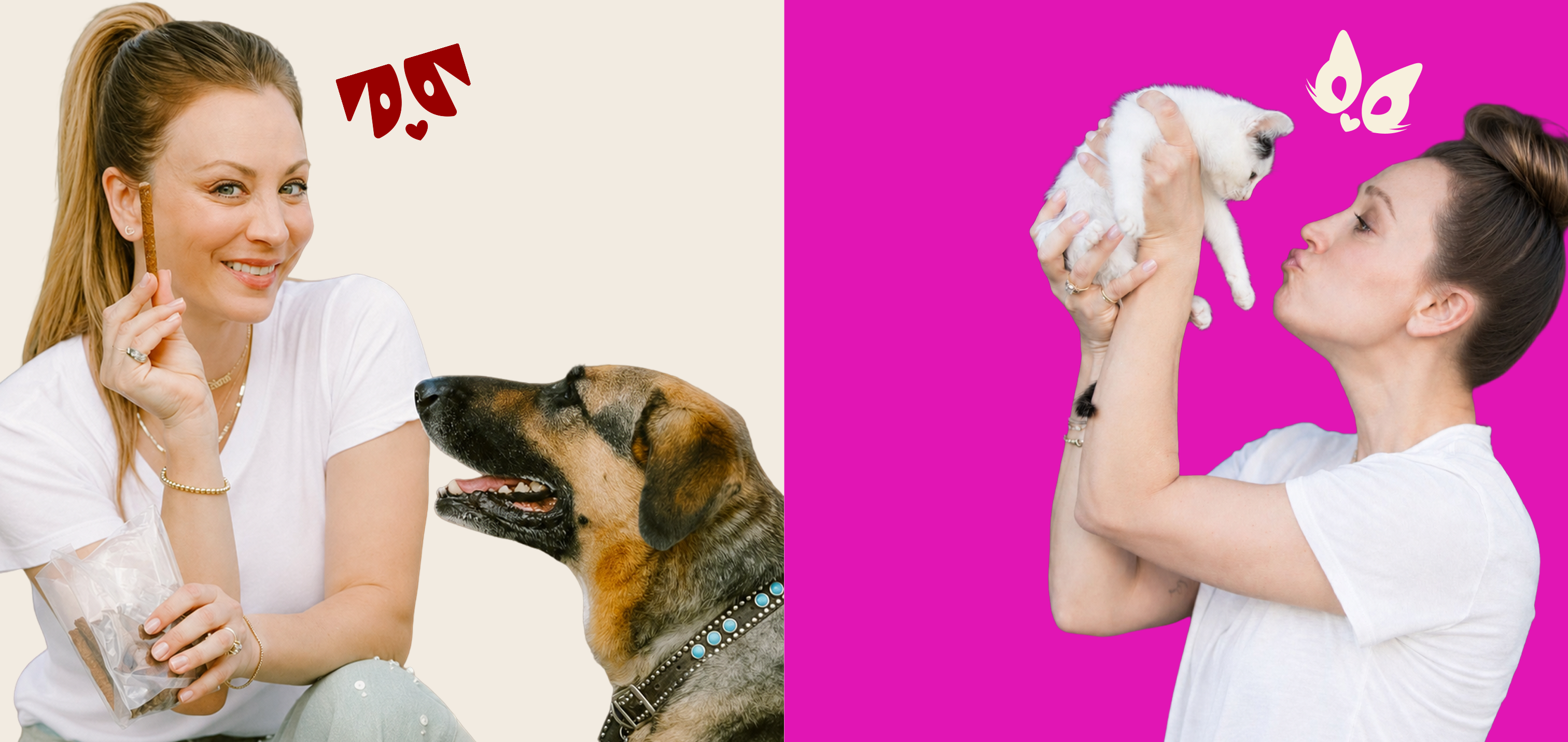 Kaley Cuoco offering a treat to a dog on a cream background and holding a white kitten while puckering on magenta