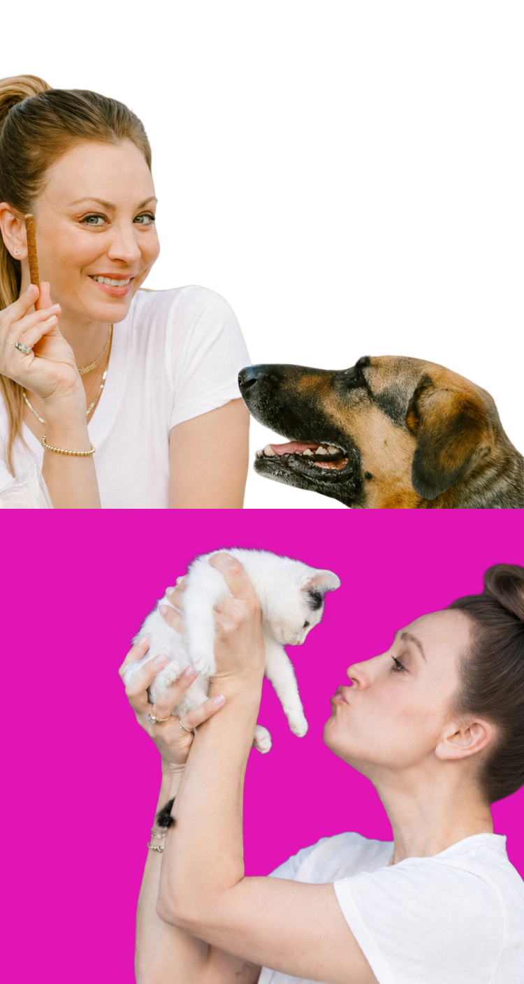 Smiling Kaley Cuoco offering a dog a treat; below, Kaley Cuoco holding a white kitten up toward her face against bright pink background