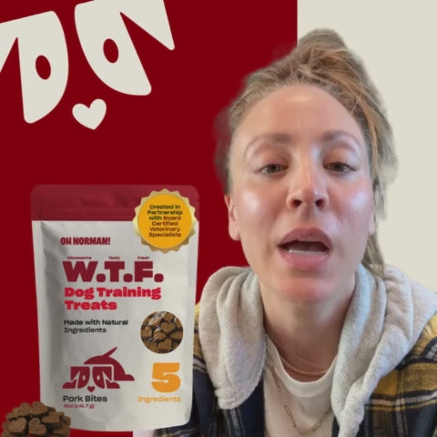 Kaley Cuoco holding a bag of WTF Dog Training Treats with a white and red label